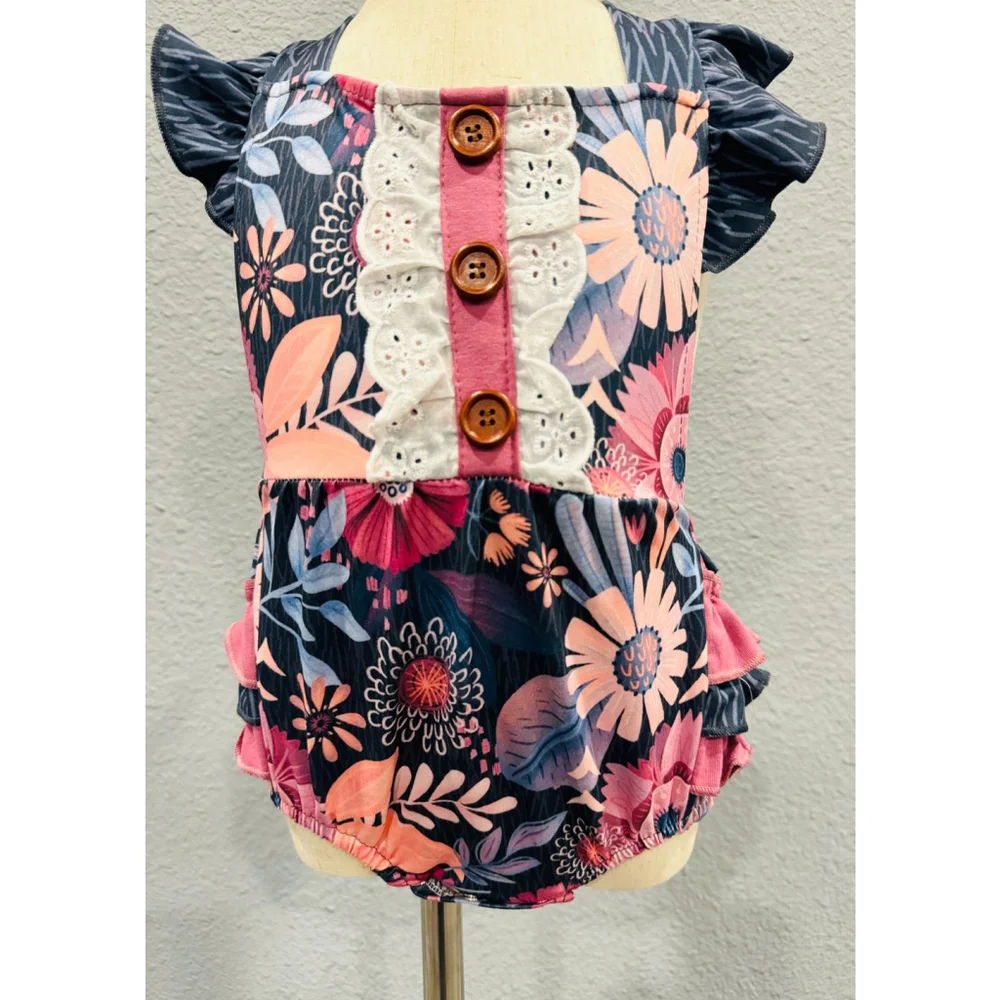 Wellington Designs Girls Purple Tropical Bubble Romper, Sz 18/24 NWT